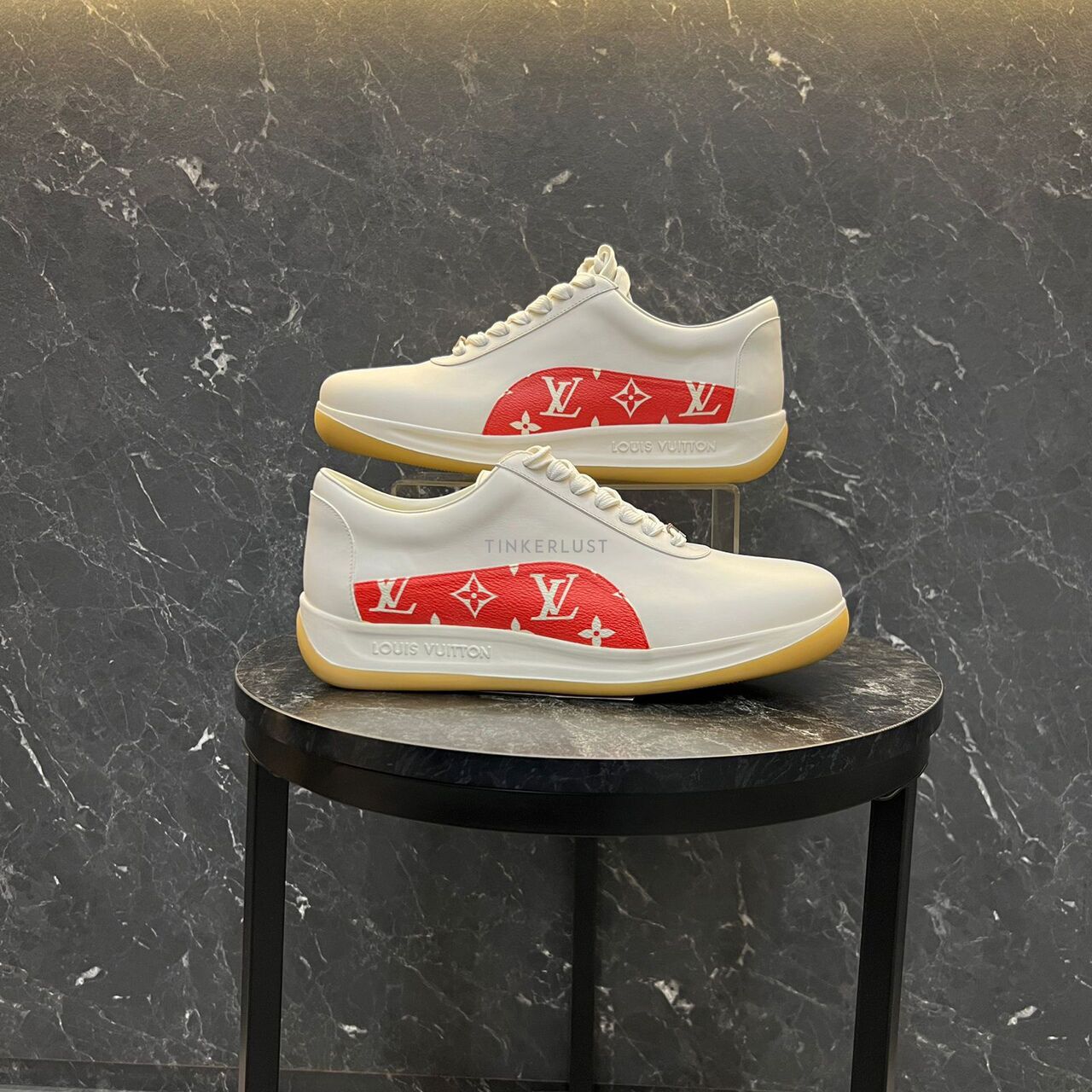 sepatu sneakers Louis Vuitton X Supreme White Sneaker Tinkerlust